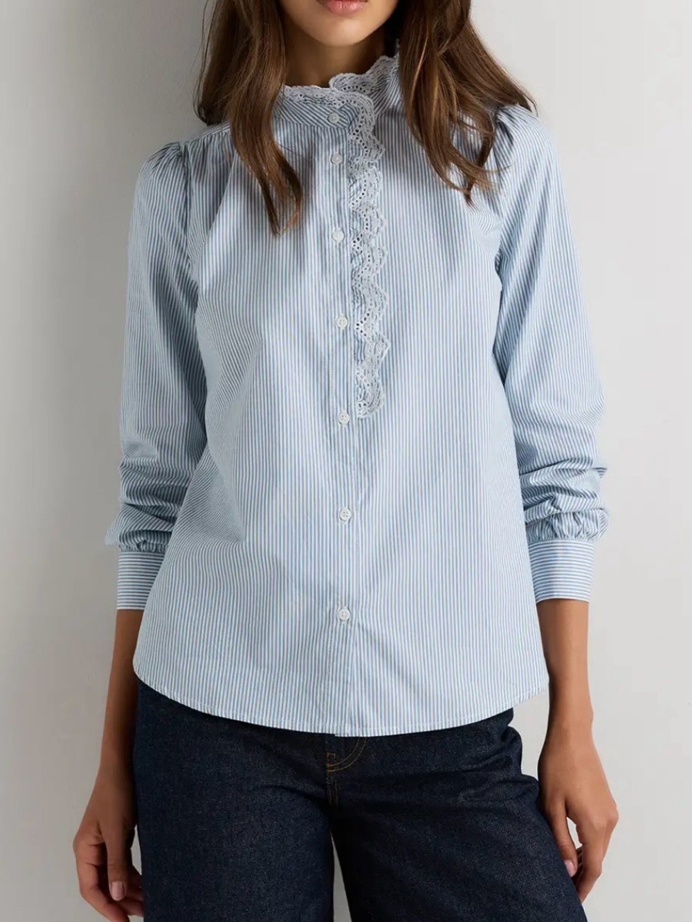 Lace-Trim Striped Button-Up Blouse - Light Blue